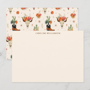 Western Bull Skull Floral Personalised Stationery Card