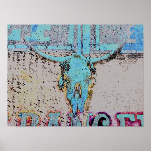 Western Bull Skull Teal Blue Rustic Vintage Poster (Front)