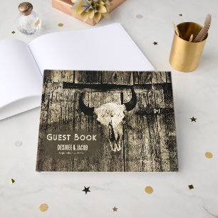 Western Bull Skull Vintage Brown Barn Wood Rustic Guest Book