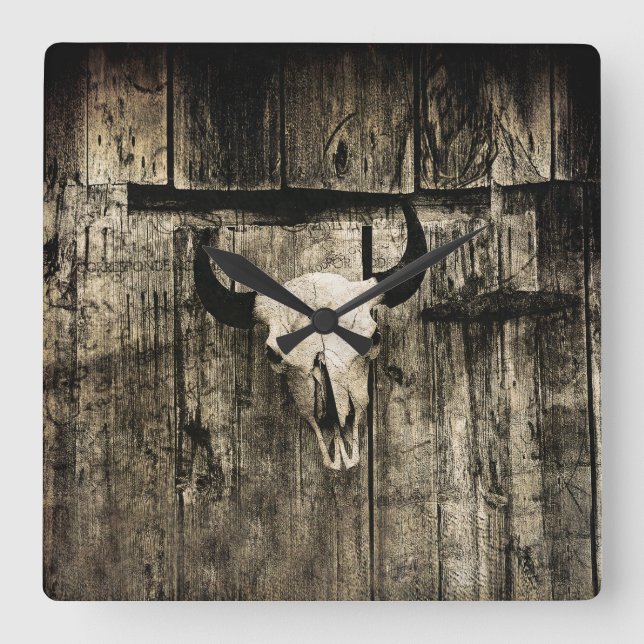 Western Bull Skull Wood Barn Sepia Vintage Rustic Square Wall Clock (Front)