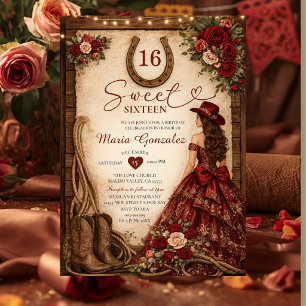 Western Burgundy Red Floral Princess Sweet Sixteen Invitation