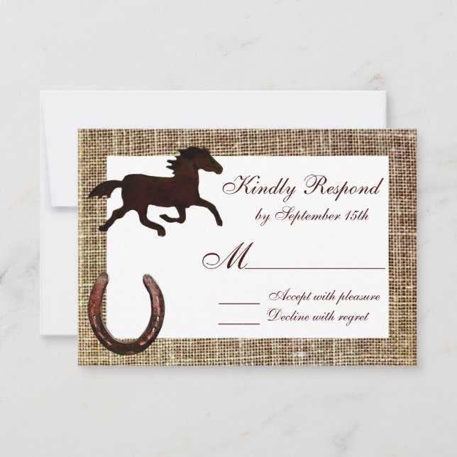 Western Burlap Cowboy Horse Horseshoe Wedding RSVP Card (Front)