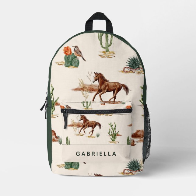 Western Cactus Desert Horse Cowgirl Personalised Printed Backpack (Front)
