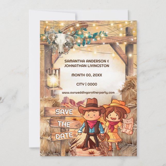 Western cartoon cowboy couple desert arch wanted invitation (Front)