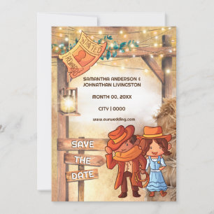 Western cartoon cowboy couple hay barn lights invitation