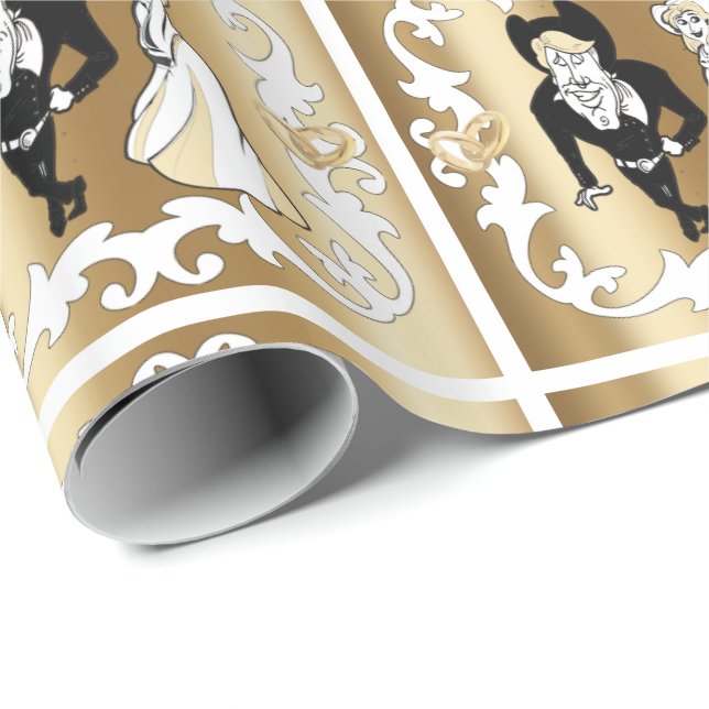 Western  Cartoon Wedding Couple On Gold Wrapping Wrapping Paper (Roll Corner)