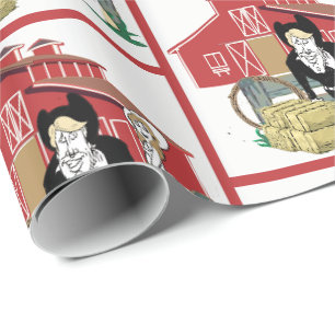 Western Cartoon Wedding Couple Ranch Scene Barn Wrapping Paper