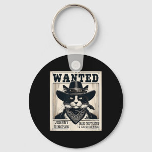 Western Cat Cowboy Mugshot Wanted Key Ring