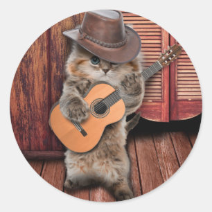 Western Cat cowboy musician with guitar Classic Round Sticker
