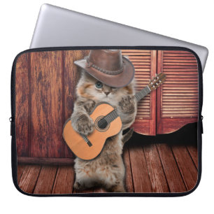 Western Cat cowboy musician with guitar Laptop Sleeve