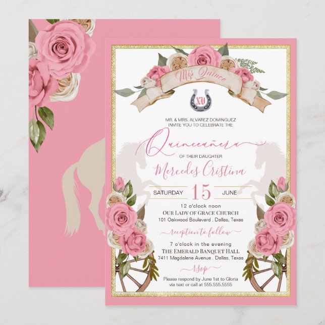 Western Charro Blush Pink Roses Horse Quinceañera Invitation (Front/Back)