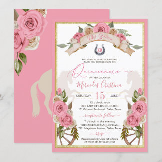 Western Charro Blush Pink Roses Horse Quinceañera Invitation