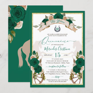 Western Charro Emerald Green Roses Quinceanera Invitation
