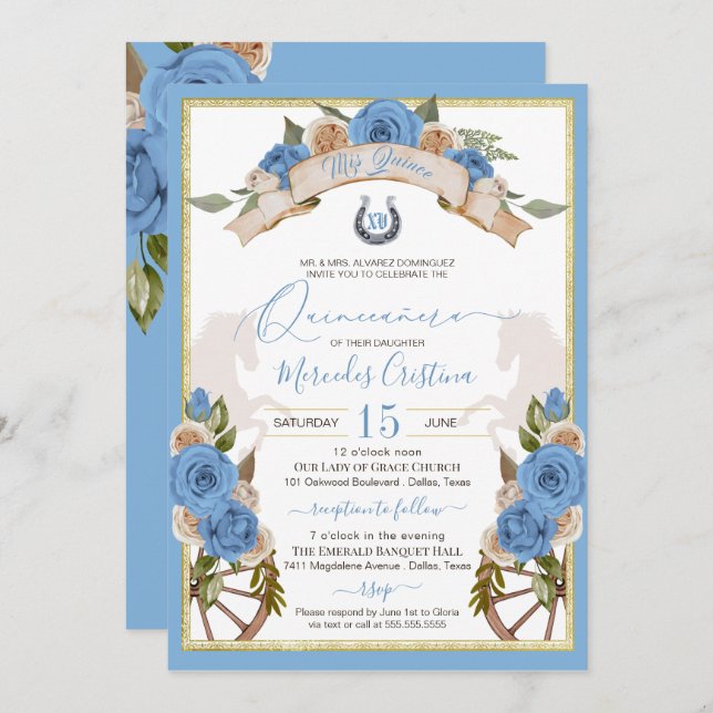 Western Charro Light Blue Horses Quinceanera Invitation (Front/Back)