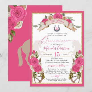 Western Charro Pink Roses Horse Quinceañera Invitation