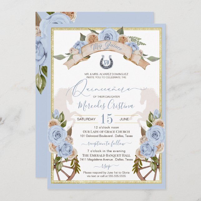 Western Charro Powder Light Blue Horse Quinceanera Invitation (Front/Back)