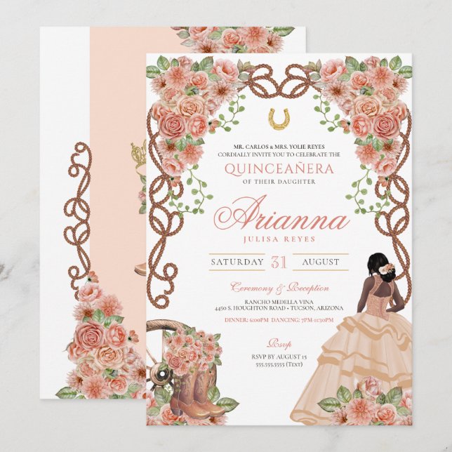 Western Charro Rose Gold Floral Quinceañera Invitation (Front/Back)