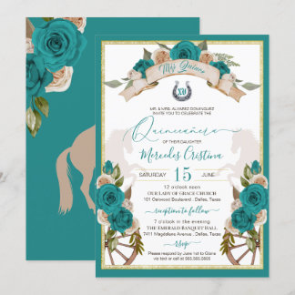 Western Charro Turquoise Teal Roses Quinceanera Invitation