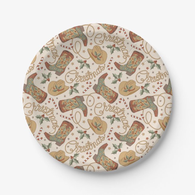 Western Christmas Boots and Hats Pattern Paper Plate (Front)