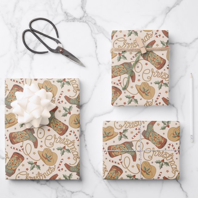 Western Christmas Boots and Hats Pattern Wrapping Paper Sheet (Front)