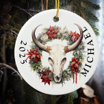 Western Christmas Cow Skull Monogram  Ceramic Ornament<br><div class="desc">This design may be personalised by choosing the Edit Design option. You may also transfer onto other items. Contact me at colorflowcreations@gmail.com or use the chat option at the top of the page if you wish to have this design on another product or need assistance with this design. See more...</div>