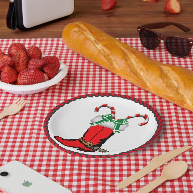 Western Christmas Cowboy Boot With candy Canes Paper Plate (Picnic)