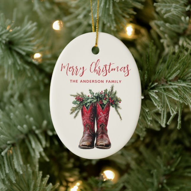 Western Christmas Cowboy Boots Custom Photo Ceramic Ornament (Tree)