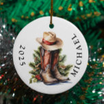 Western Christmas Cowboy Boots Hat Name Ceramic Ornament<br><div class="desc">This design may be personalised by choosing the Edit Design option. You may also transfer onto other items. Contact me at colorflowcreations@gmail.com or use the chat option at the top of the page if you wish to have this design on another product or need assistance with this design. See more...</div>