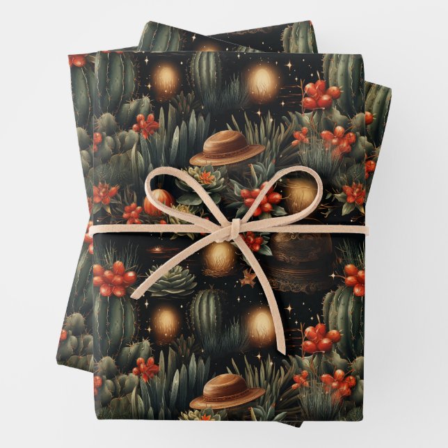 Western Christmas Cowboy Cactus Moody Wrapping Paper Sheet (In situ)