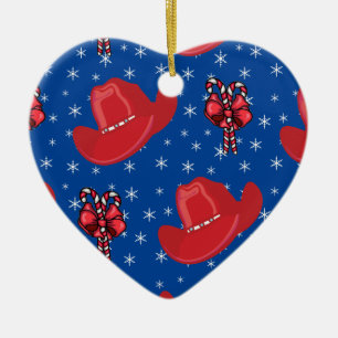 Western Christmas Cowboy Hats And Candy Canes Ceramic Ornament