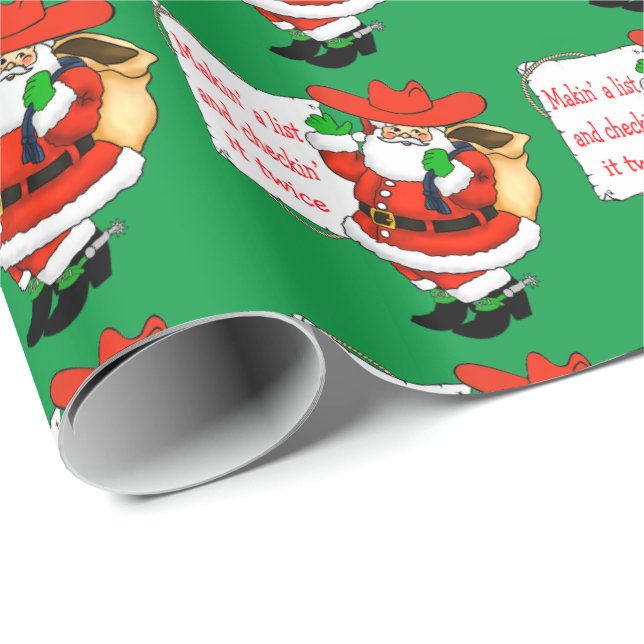 Western Christmas Cowboy Santa Makin' A List Wrapping Paper (Roll Corner)