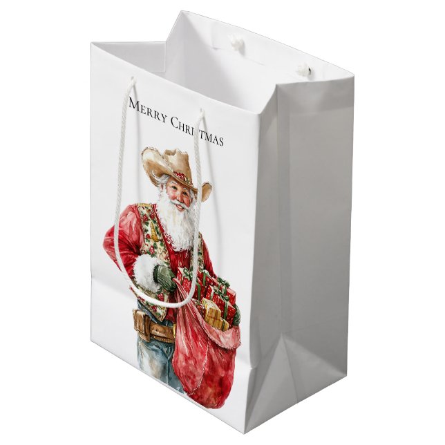 Western Christmas Cowboy Santa Medium Gift Bag (Front Angled)