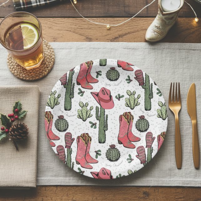 Western Christmas Cowgirl Boots Howdy Christmas Paper Plate (White Country Christmas Paper Plates Western Howdy Christmas Cowgirl Boots, Hat, Cacti Holly Berries)