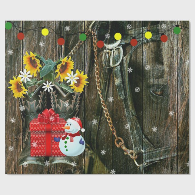 Western Christmas Frosty the Snowman And Horse Wrapping Paper (Flat)