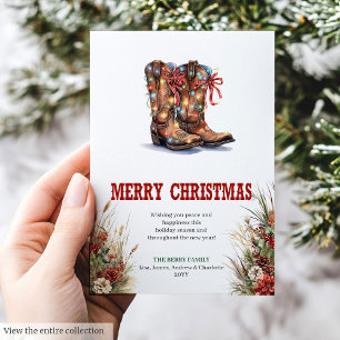 Western Christmas greeting card with cowboy boots