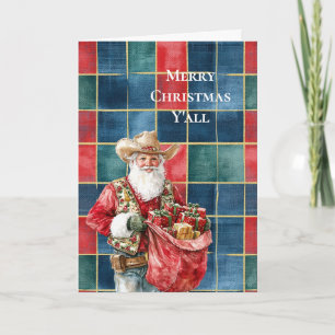 Western Christmas Red Blue Green Cowboy Santa Card
