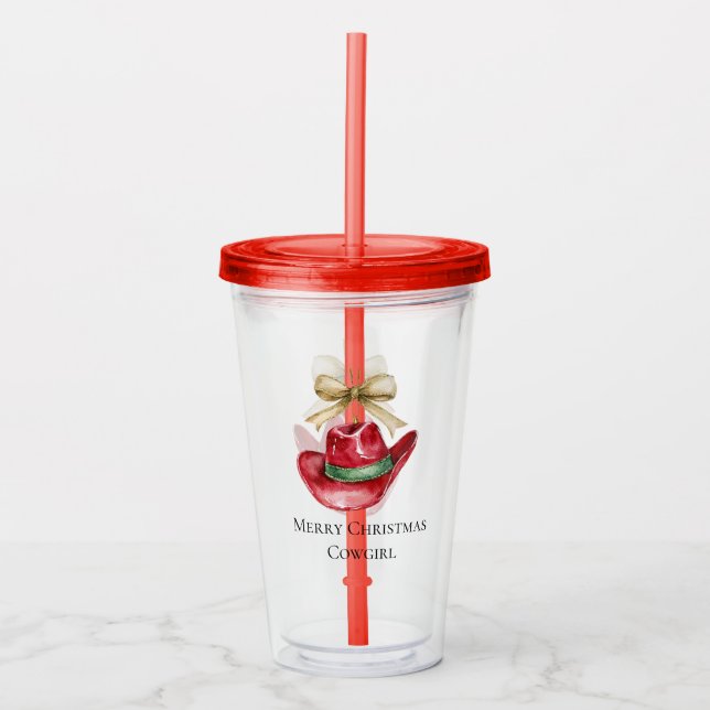 Western Christmas Red Cowboy Cowgirl Hat Acrylic Tumbler (Front)