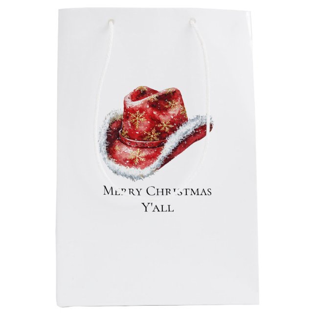 Western Christmas Red Cowboy Cowgirl Hat Medium Gift Bag (Front)
