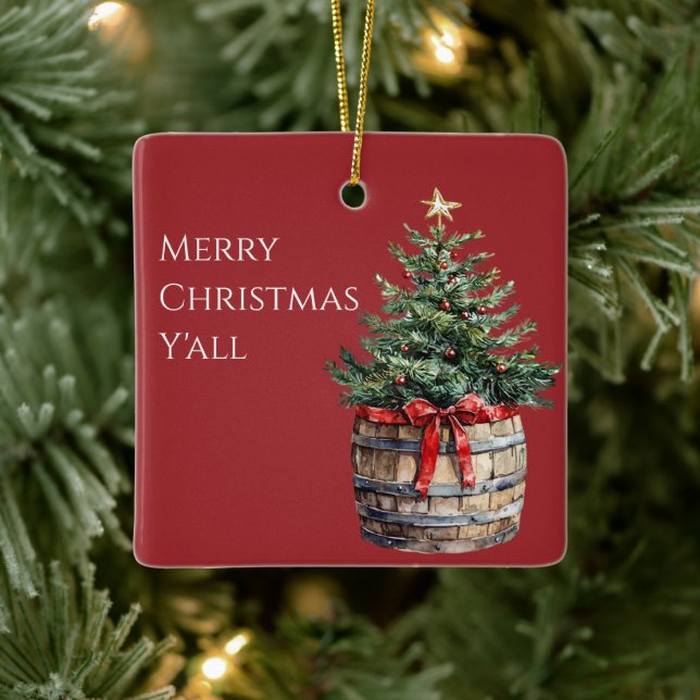 Western Christmas Tree in Barrel  Ceramic Ornament (Tree)