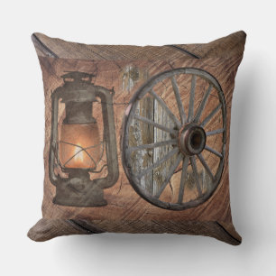 Western Coal Oil Lamp And Wagon Wheel Cushion