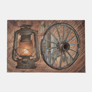 Western Coal Oil Lamp And Wagon Wheel Doormat