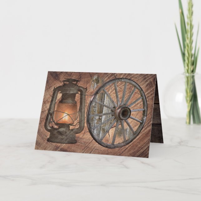 Western Coal Oil Lamp And Wagon Wheel Invitation (Front)