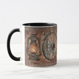 Western Coal Oil Lamp And Wagon Wheel Mug