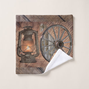 Western Coal Oil Lamp And Wagon Wheel Wash Cloth