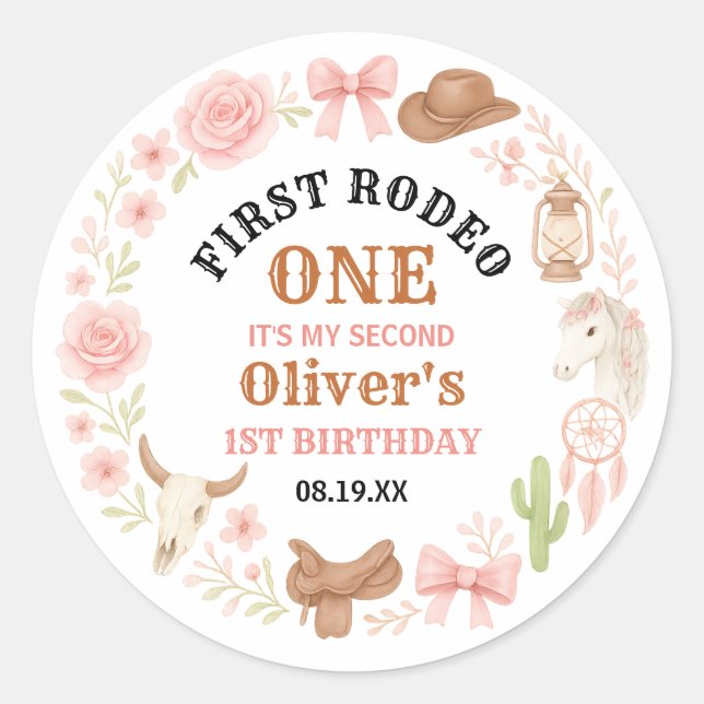 Western Coquette Cowgirl 1st Birthday Cute Pink Classic Round Sticker (Front)