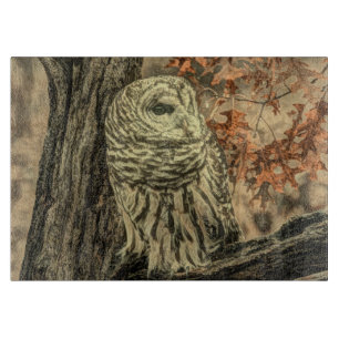 western country autumn leaves oak tree white owl cutting board