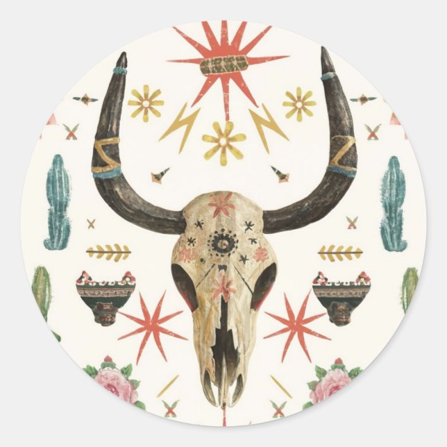 Western Country Aztec Bull Skull cactus Cacti Classic Round Sticker (Front)