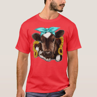 Western Country Baby Cow Calf With Sunflower Cow F T-Shirt