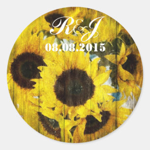 western country barn wood yellow sunflower wedding classic round sticker