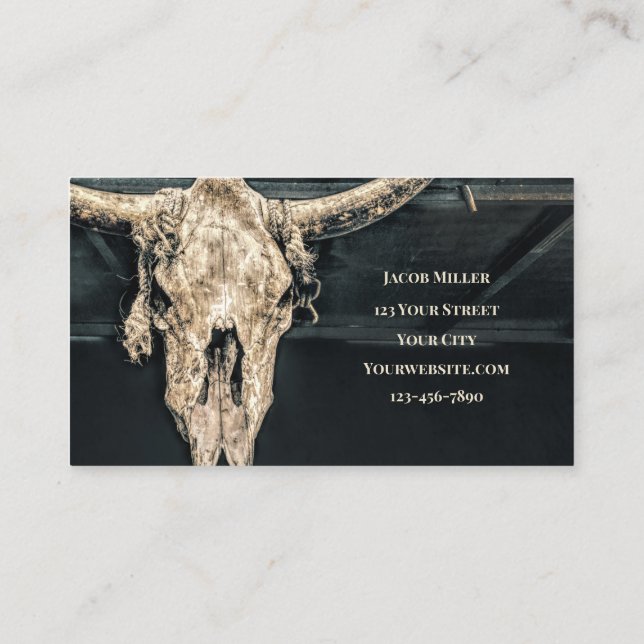 Western Country Beige Grey Rustic Bull Cow Skull Business Card (Back)